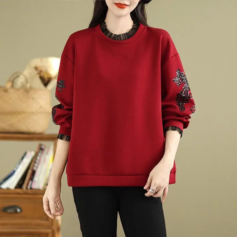 

Lace Patchwork Bead Embroidery Round Neck Sweatshirt For Women In Autumn And Winter 2024 New Fashionable Style Loose Top A439