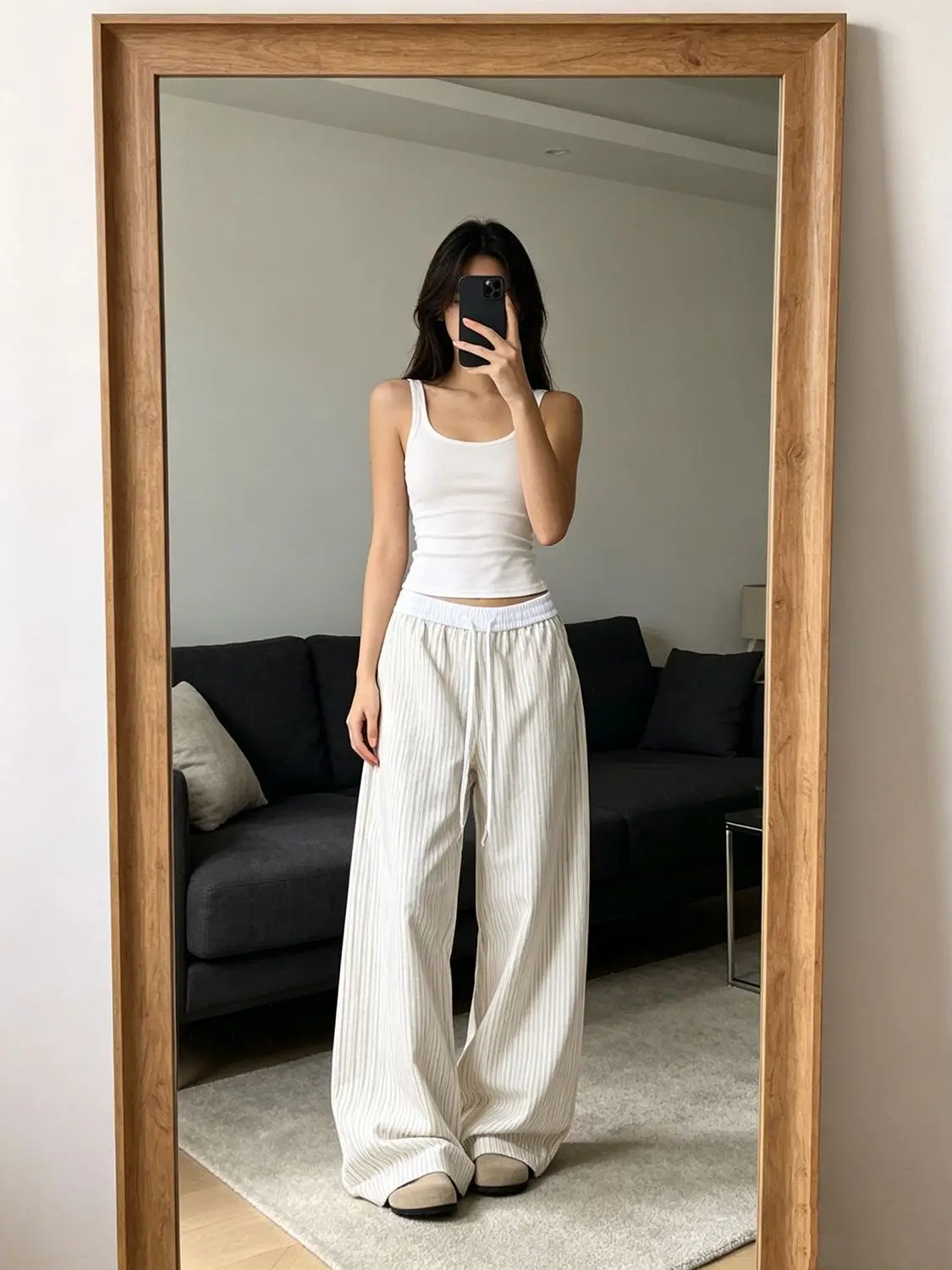 

American Retro Striped Elastic Waist Drawstring Casual Pants Women Summer New Loose Versatile Straight Leg Wide Leg Pants