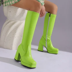 Candy Colored Glossy Patent Leather Material For Women's Knee Boots Square Toe Platform Ultra-High Thick Heel Winter Long Boots