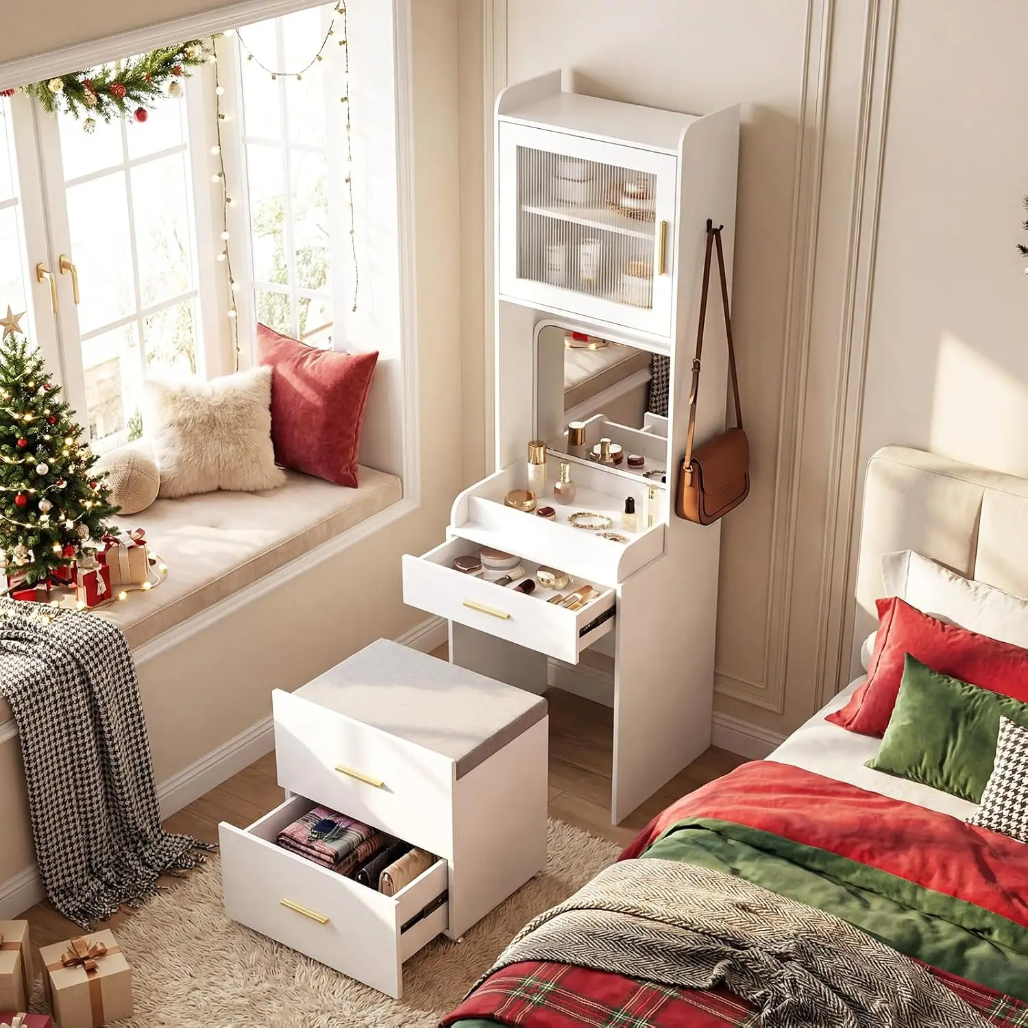Compact Small Vanity Desk with Mirror for Bedroom White, Customized