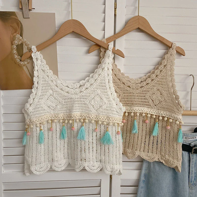 Fringed Crochet Tank Top for Women Sleeveless Crop Top Cover Up with Tassel Knitwear Boho Vacation Bohemian Summer Outfit