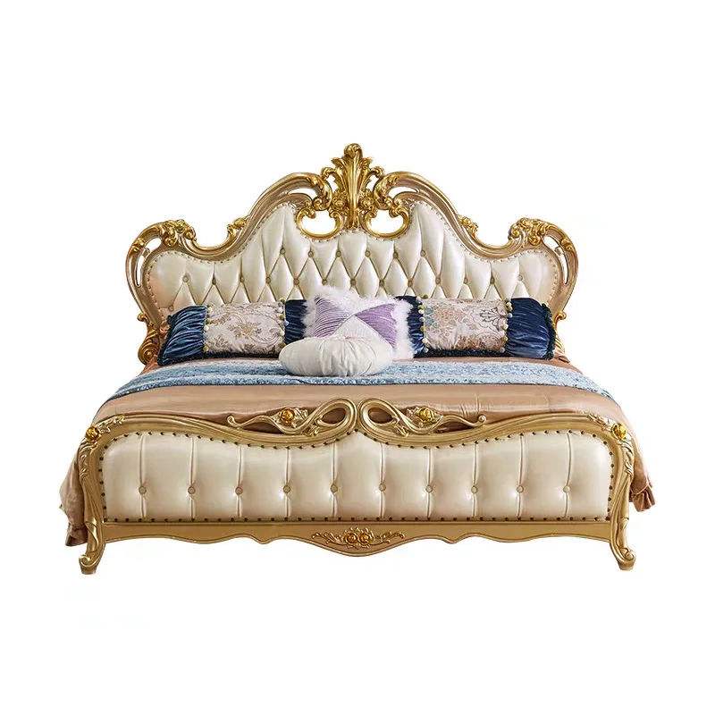European All Solid Wood 1.8 Meters Double Bed Carved Leather High-end Luxury Princess Bed Master