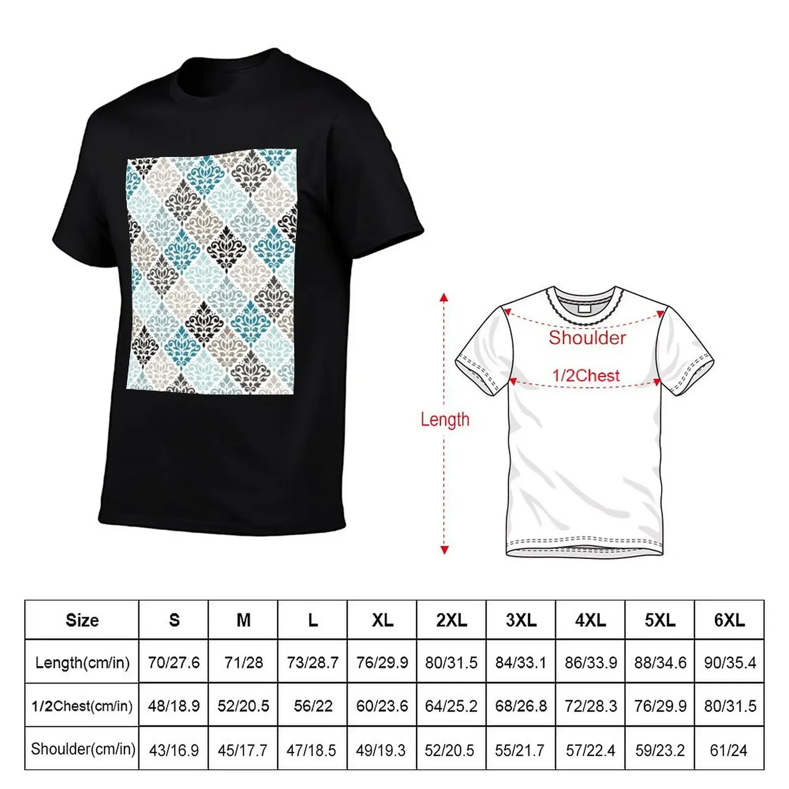 Scroll Damask Pattern Teals Browns White T-Shirt korean fashion customizeds man t shirt black t-shirts for men