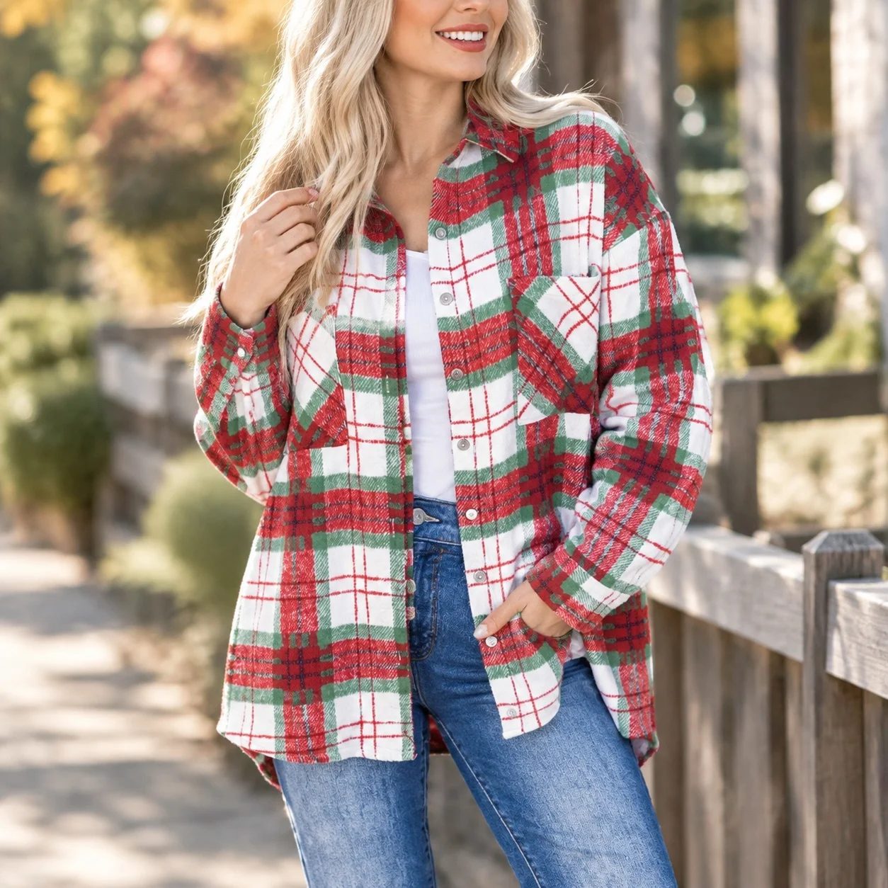 Pockets Plaid Coat Regular Length Casual with Collar Shirt Sleeves No Stretch Relaxed Fit Striped Patchwork Women Autumn Jacket