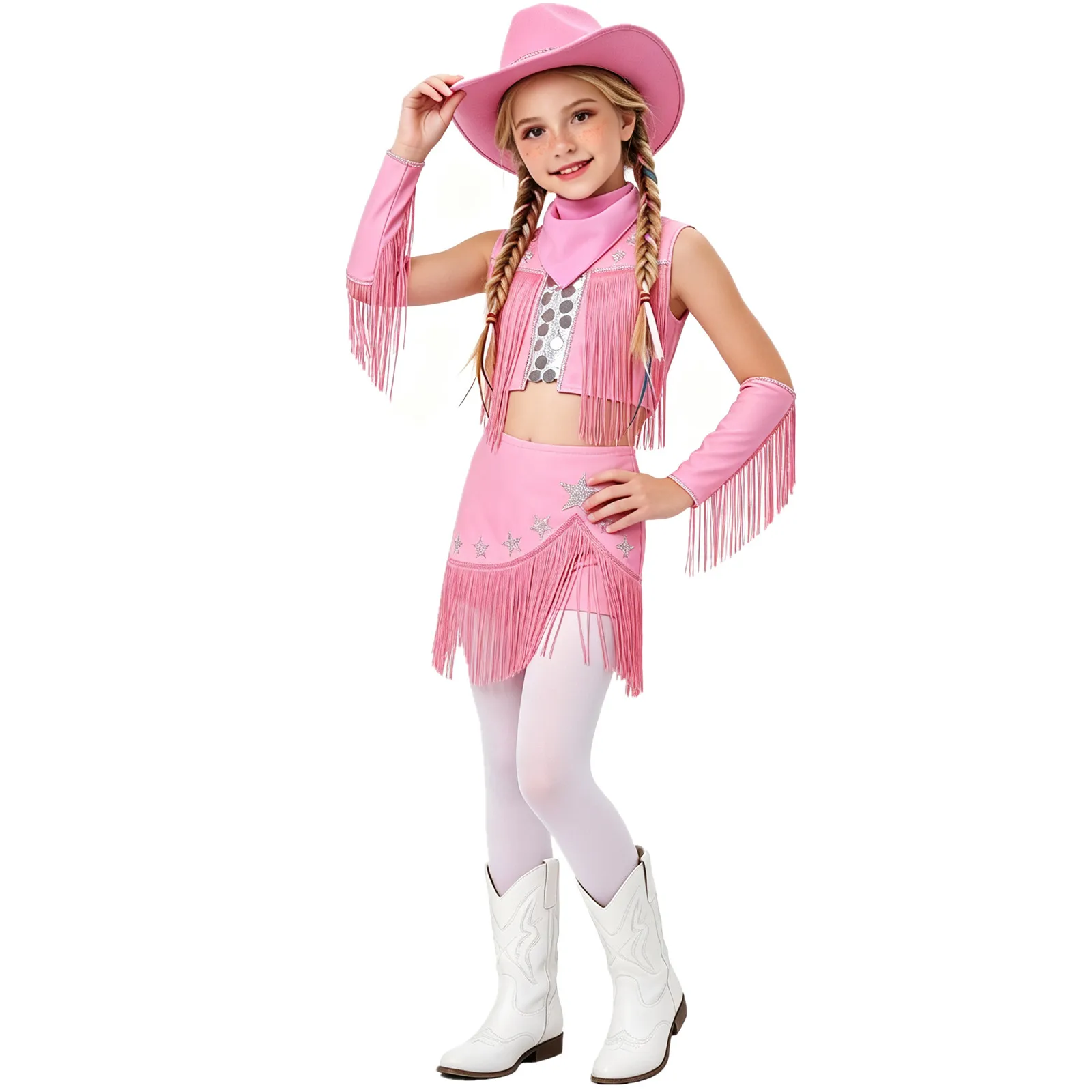 Kids Girls Halloween Carnival Western Cowboy Cowgirl Jazz Dance Costume Tassel Crop Vest Tops with Skirt Gloves Hat Kerchief Set