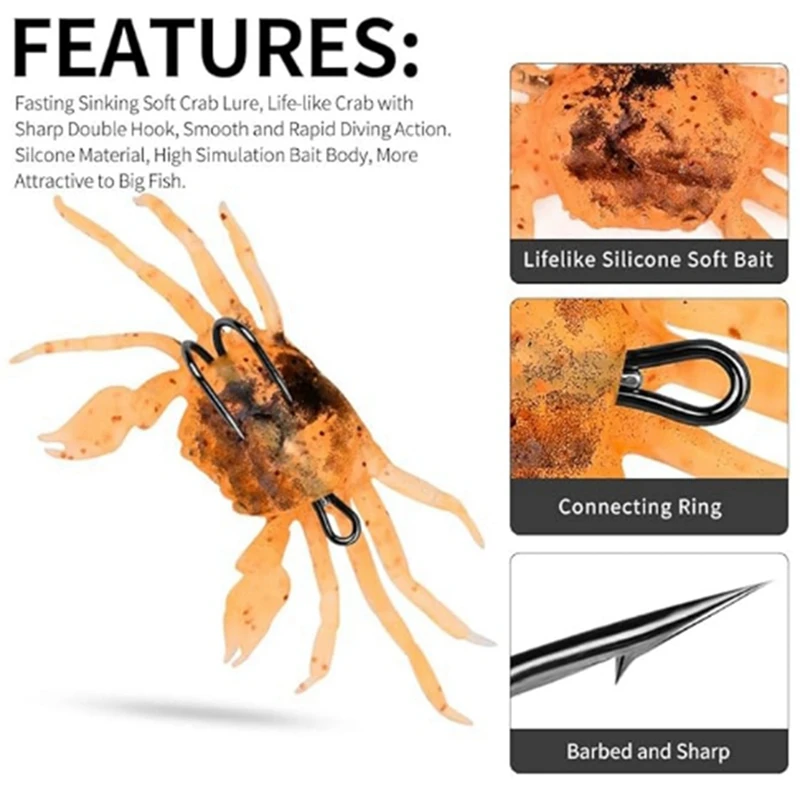 

6 шт. приманок-крабов Cranka, 3D-имитация краба, мягкая приманка с острыми двойными крючками для рыбалки, аксессуары и инструменты