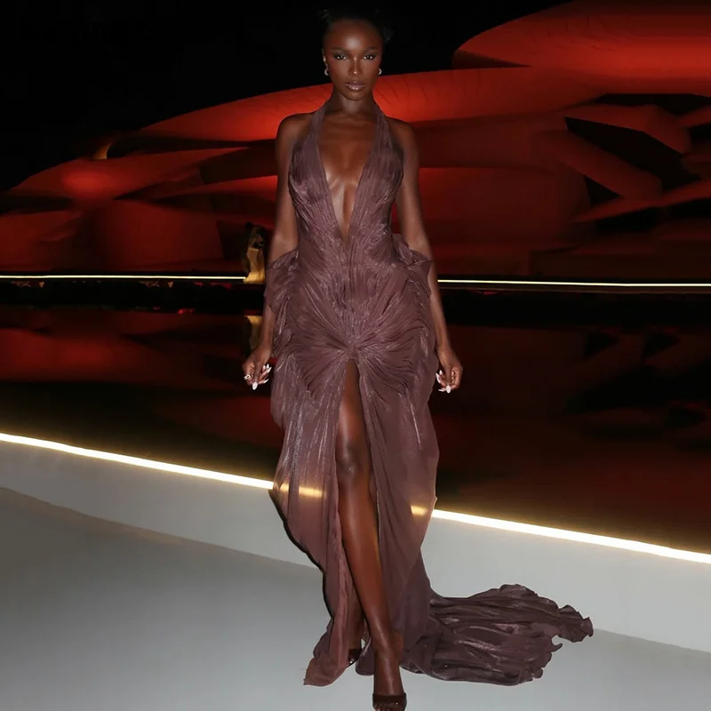 

Sumnus Sexy Mermaid Evening Dresses Silk Halter Pleats Sleeveless High Slit Formal Evening Dresses Gala vestidos Customized