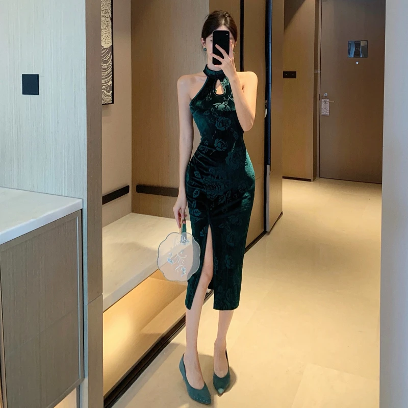 فستان حفلات مثير على الطراز الصيني بدون أكمام باللون الأخضر الزمردي غمد بفتحة عالية فستان Pleuche عتيق ميدي Bodycon Vestidos #5