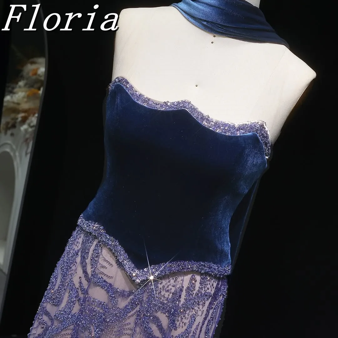 

2025 Новое индивидуальное роскошное арабское синее бархатное вечернее платье из двух частей с бисером и шарфом, свадебное платье для гостей