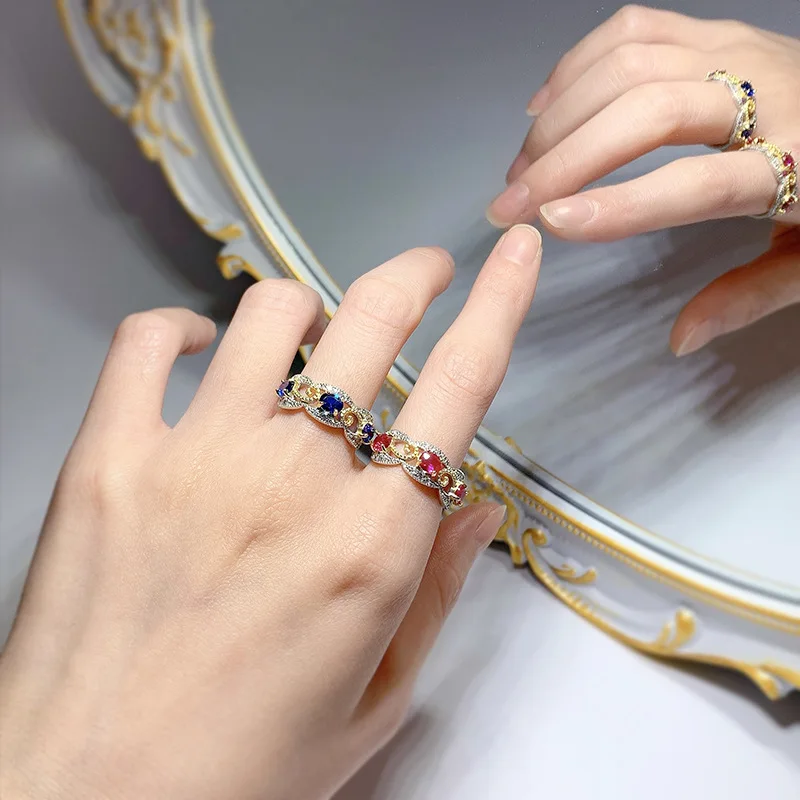 2023 New 925 Silver 4 * 5 Red Treasure Blue Treasure Color Separation Luxury Temperament Dove Egg Ring