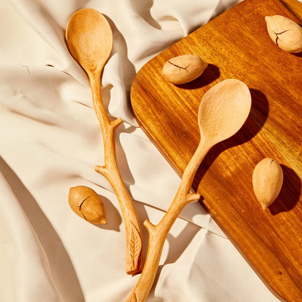 Cucharas de haya de estilo japonés, cuchara con mango largo en forma de rama, cuchara agitadora de café, vajilla, 5 uds.