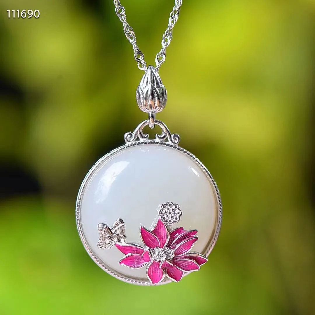 

Natural 100%real Sterling Silver necklace lotus mosaic white hetian jade Bless peace pendant jewellery for woman gifts good luck