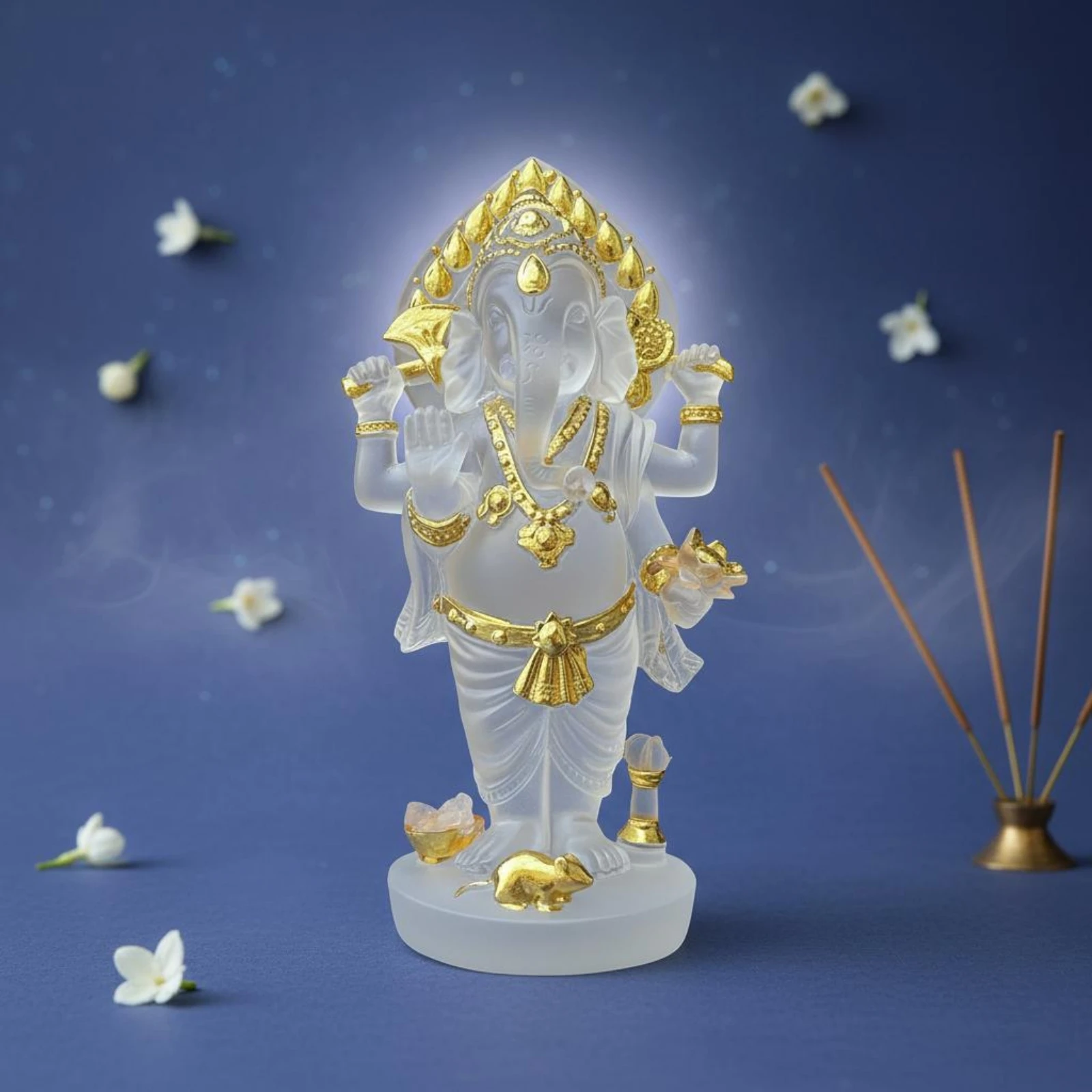 Elephant-Headed Deity Figurine Gold-Toned Standing Deity Statue Four-Armed Figurine Carved Elephant Statue Small Size