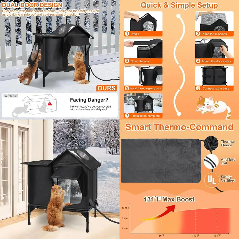 

Всепогодное утепленное уличное укрытие для кошек с подогреваемой подстилкой для бездомных и диких кошек, безопасный вход и приподнятая платформа