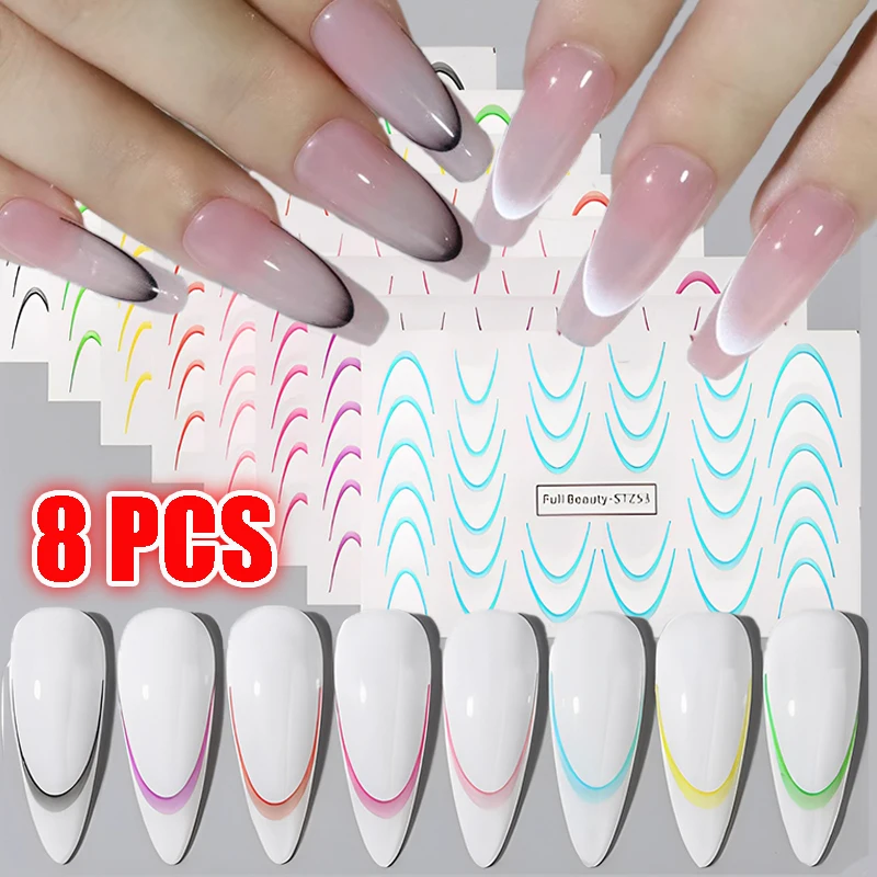 8pcs Gradient French Line Nail Stickers Set Colorful Stripe Wave Lines Designs Decals Watermark Sticker DIY Manicure Decorations