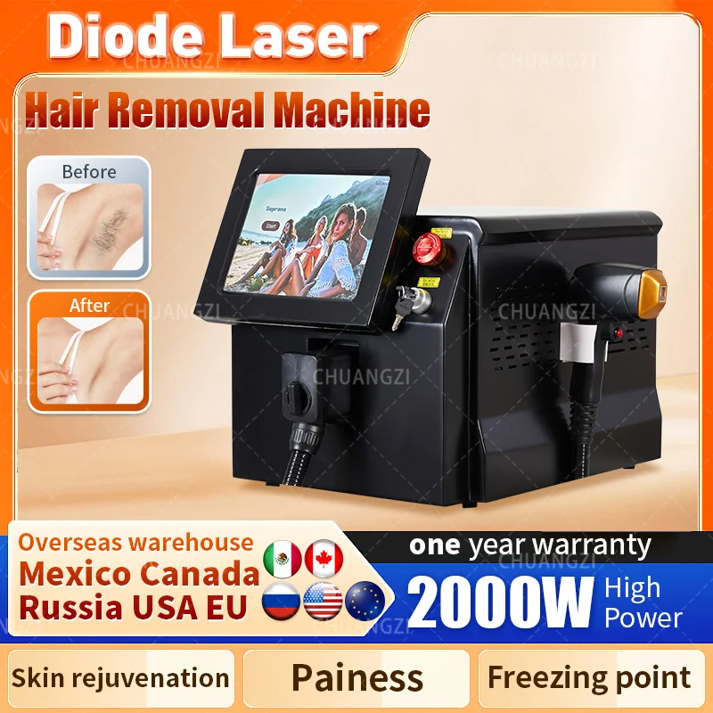 

808nm 2000W 755 1064 808 Diode Laser Ontharing Machine Alexandrit Permanente Koeling Hoofd Pijnloze Epilator Sale CE