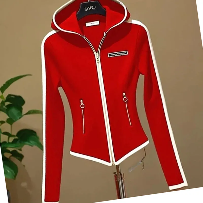 2025 Explosions Sports Casual Red Zipper Hooded Sweater Coat Women's Spring And Autumn Super Nice Waist-Shrinking And Slim Top
