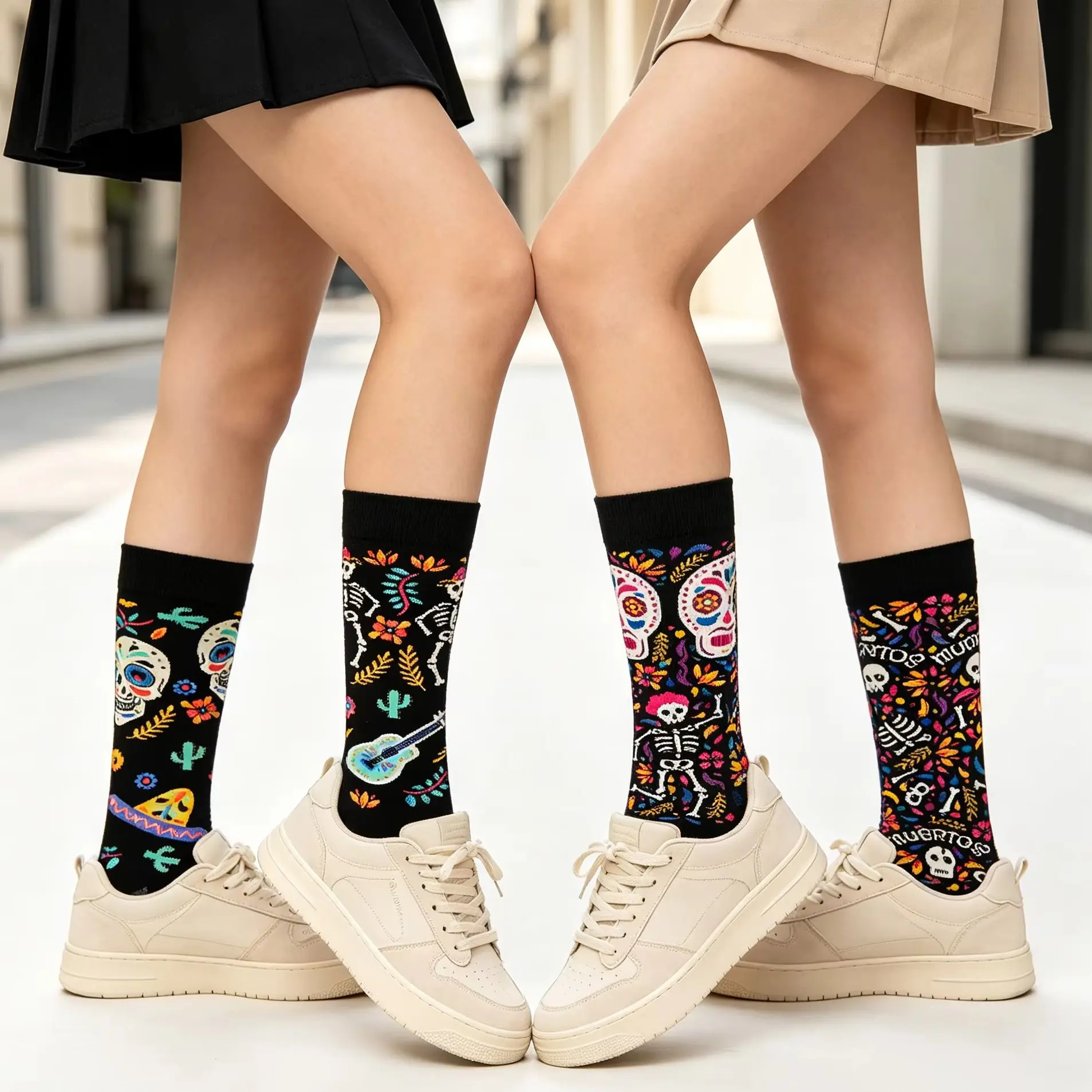 2 Pairs Retro Skeleton Sugar Skull AB Crew Socks Day of the Dead Halloween Irregular Cotton Unisex Socks Men Women Couple Socks