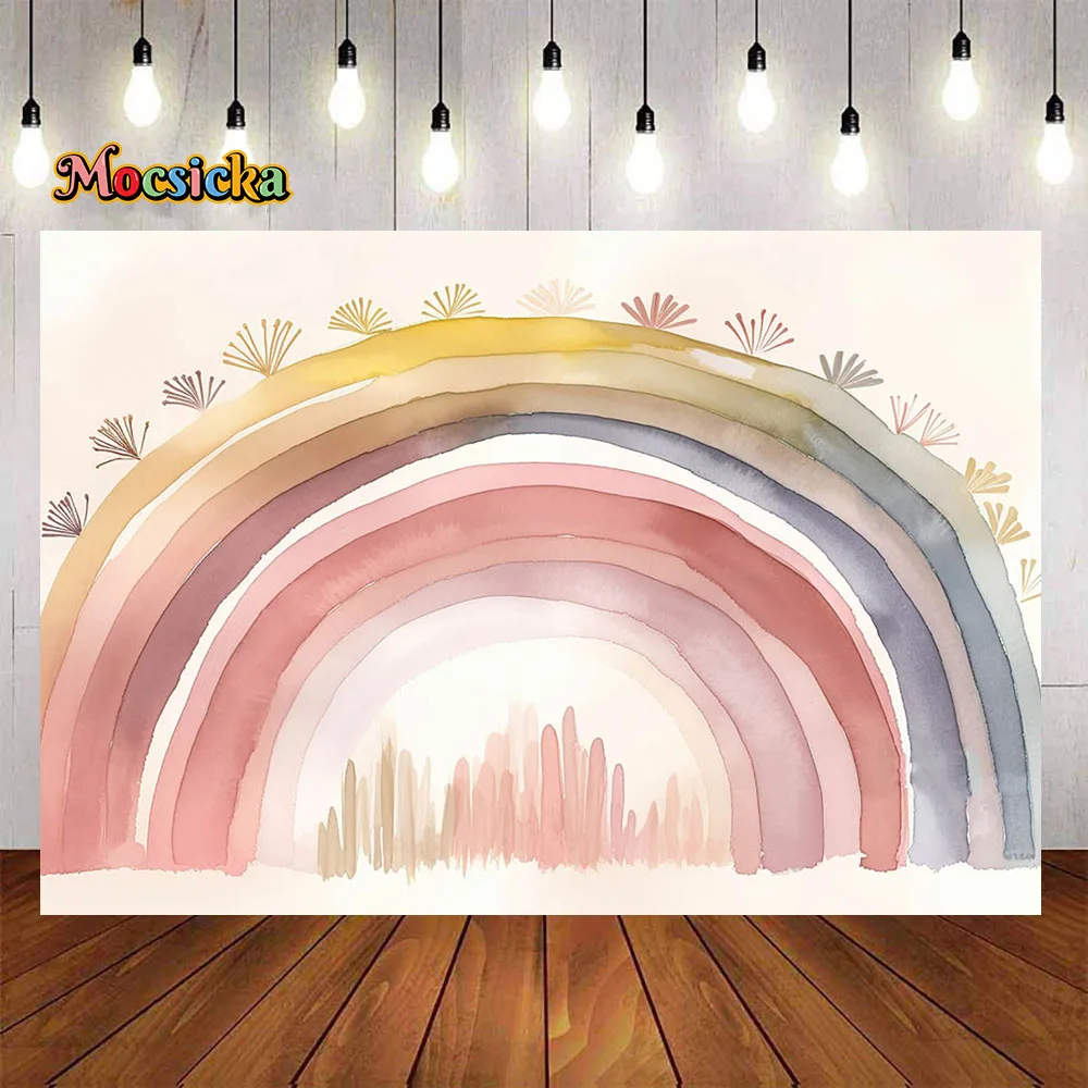 Boho Rainbow Background Decoration Girl Baby Shower 1st Birthday Party Backdrop Beige Cake Dessert Wallpaper Newborn Photozone