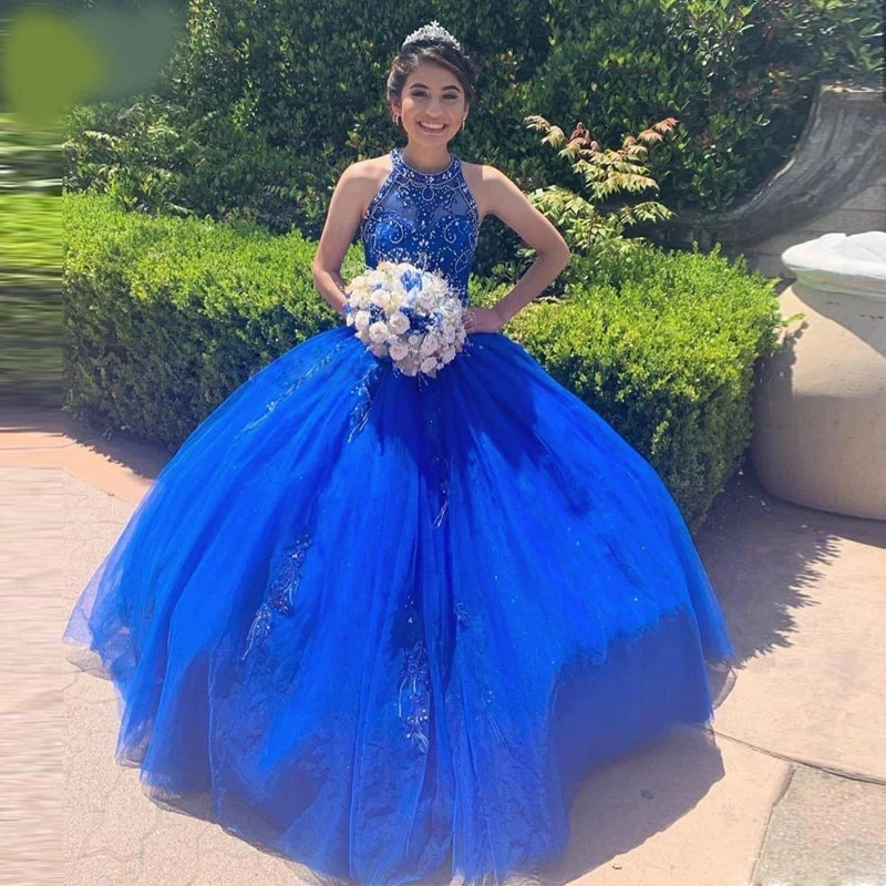 Блестящее Королевское синее платье Angelsbridep, 15 лет, платья Quinceanera, с бисером, блестками, открытой спиной, Вечернее бальное платье для девочек