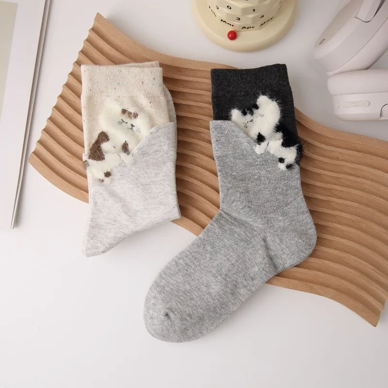 4 Pasang Kaus Kaki Lucu Musim Gugur Musim Dingin Kaus Kaki Setengah Betis Gambar Kucing Sederhana Wanita Set Kaus Kaki Wanita Fashion Lucu Musim Gugur Tinggi Kualitas Tinggi