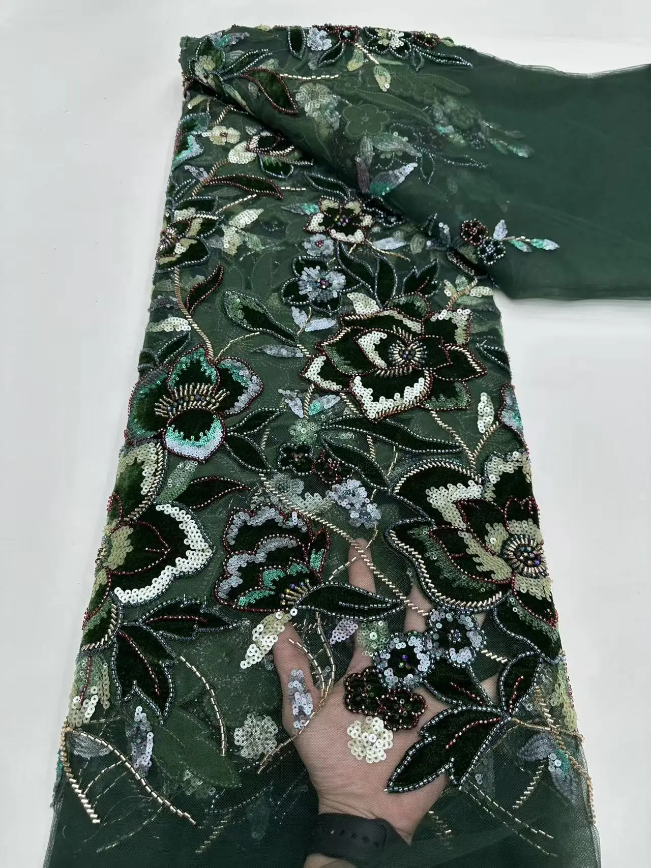 الأفريقي اليدوية الترتر مطرز أقمشة الدانتيل النيجيري جودة عالية المخملية اللؤلؤ أقمشة الدانتيل لفساتين الزفاف الزفاف SZ1780 #5