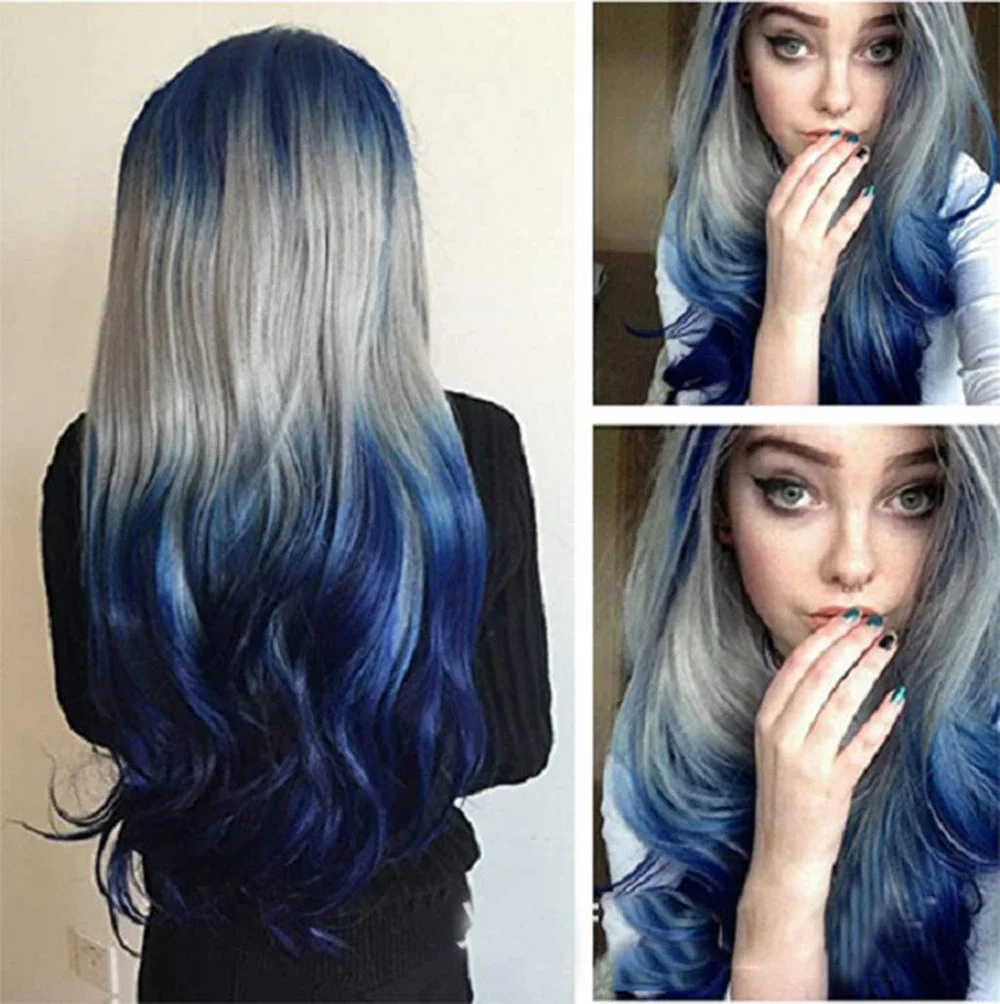 Synthetisch haar Lang Blauw Ombre Grijs Pruik Golvend Dames Kostuumpruiken Lolita Cosplaypruik Pelucas Regenboogpruik