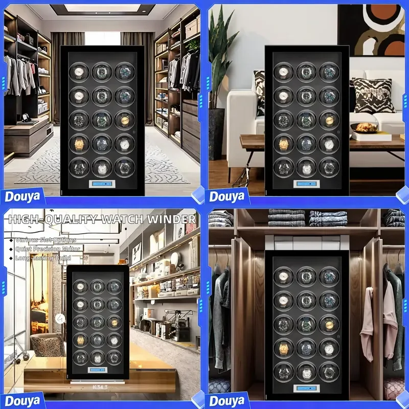 BLUETDIE BLUETIDE High-end Smart Wooden 15-Slot Watch Winder Box with Automatic Rotor Silent Touch Screen Rectangular
