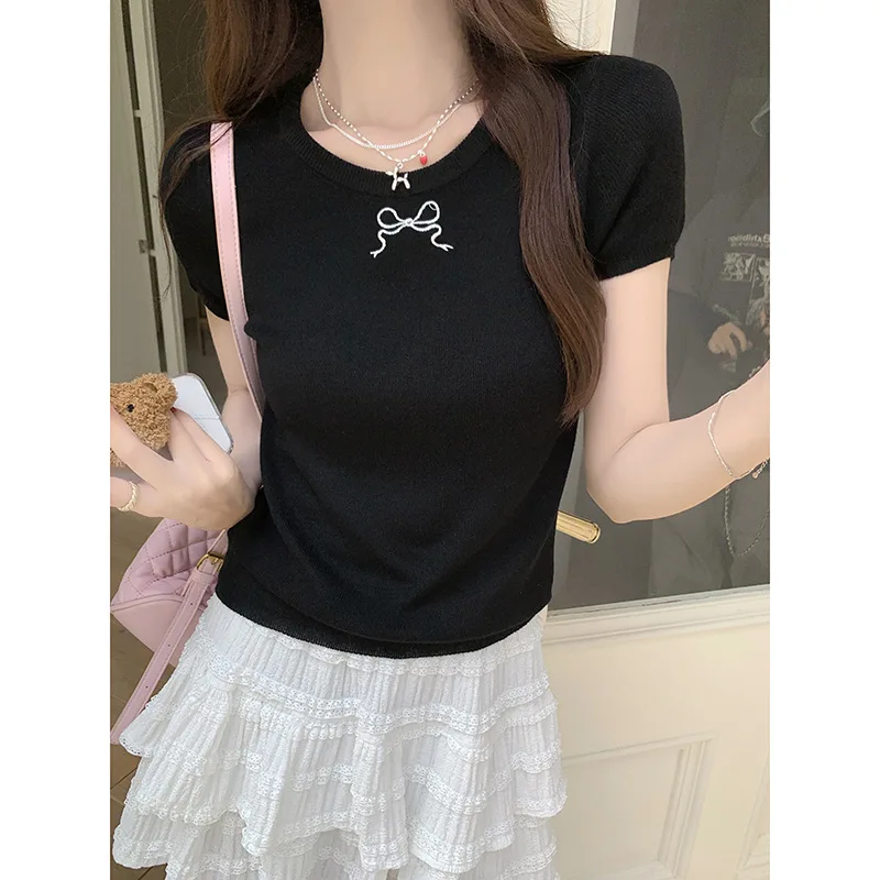 Back Bows Hollow T-shirt Women Short Sleeve Slim Casual Thin Knitted Top