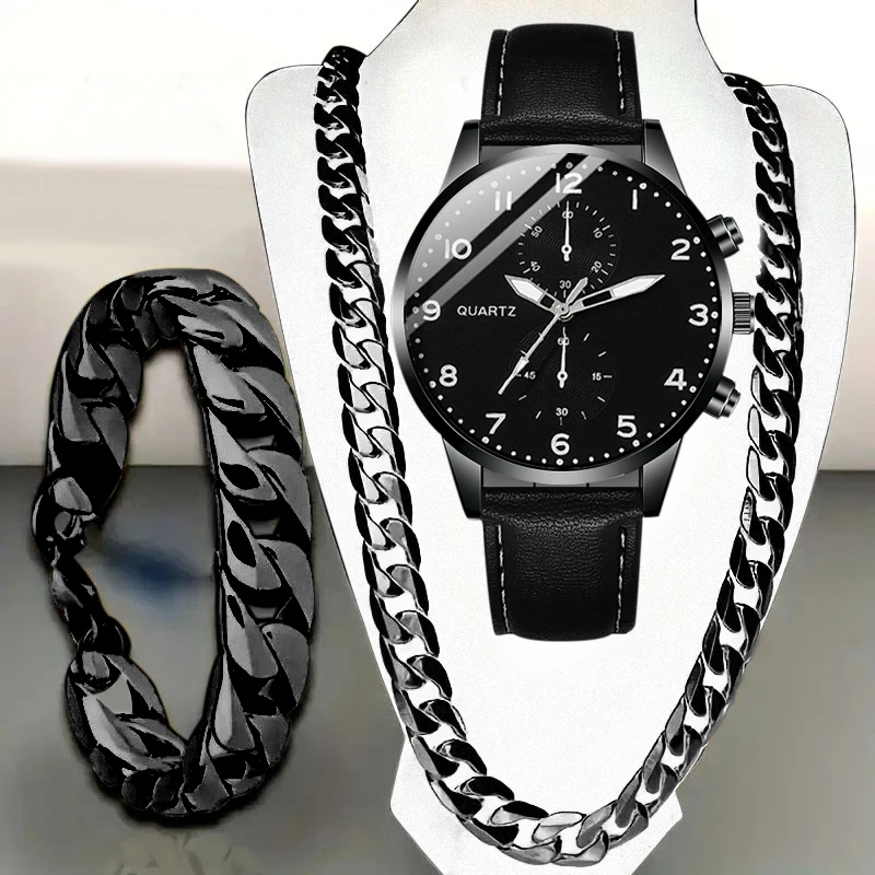 3Pcs Exquisite Men's Watch Set, Fashionable And Versatile, Perfect Gift For Birthdays, Halloween And Christmas.