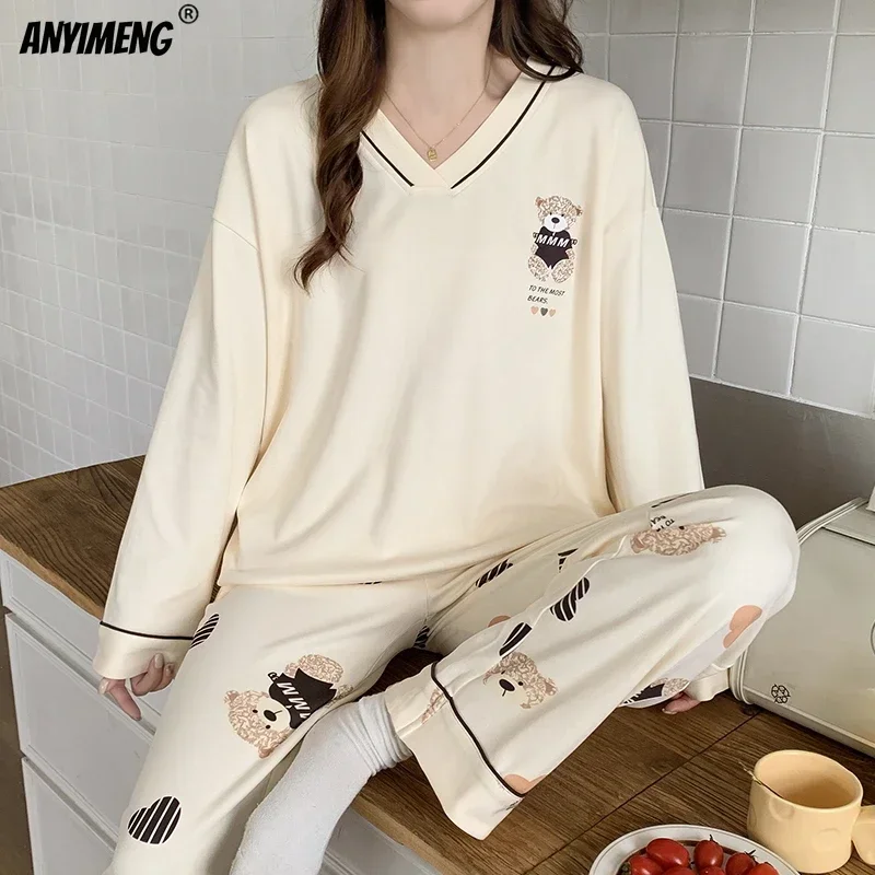 Korean Sweet Women Pajamas Set Autumn Winter New Faux Cotton Sleepwear Casual Long Sleeves Nightwear Cute Girl Cartoon Nightwear