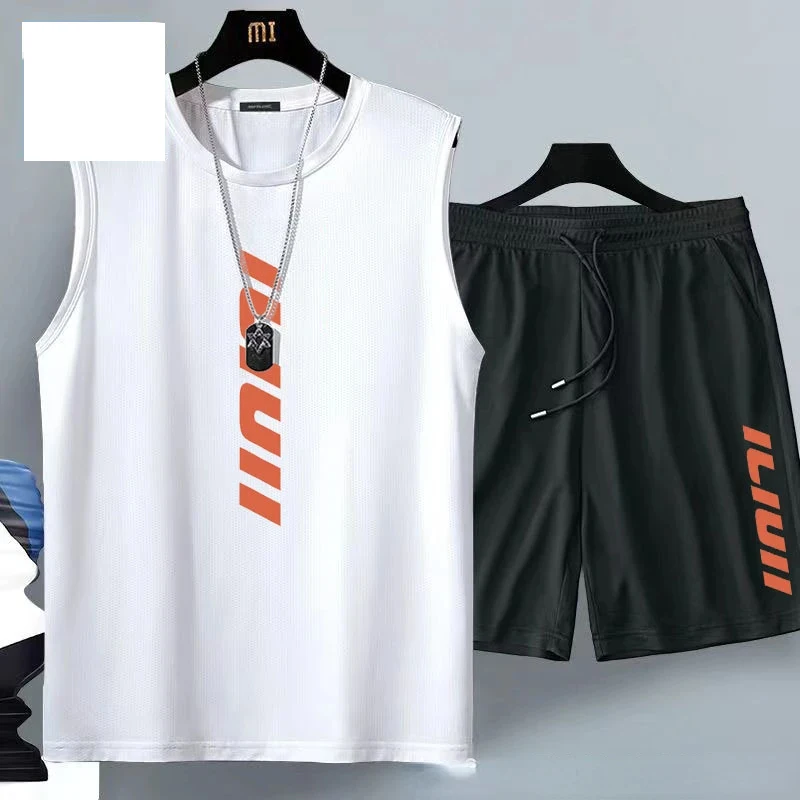 Summer men\'s clothing Fashion casual basketball suit street sportwear 2 piece breathable short sleeve T-shirt+jogging shorts set