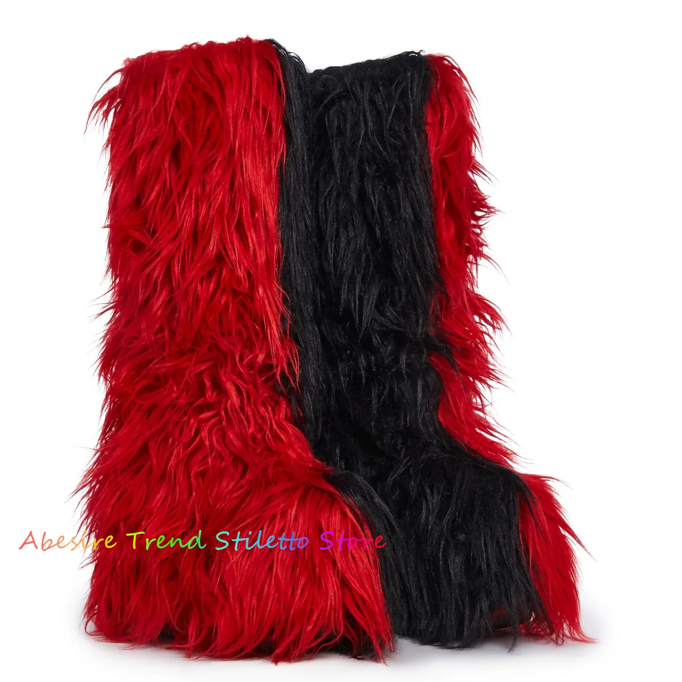 Women's Furry Knee High Snow Boots Faux Fur Mid-Calf Boots Black and Red Fluffy Platform Winter Warm Solid Color Booties