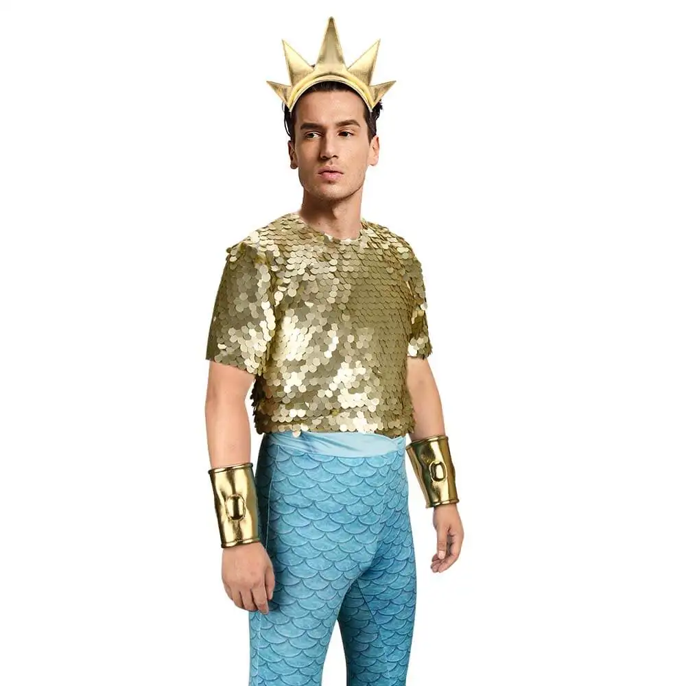 Little Mermaid King Triton Halloween Costume Poseidon Merman Suit for Cosplay Sea God Dress-Up Tops Pants Crown Men