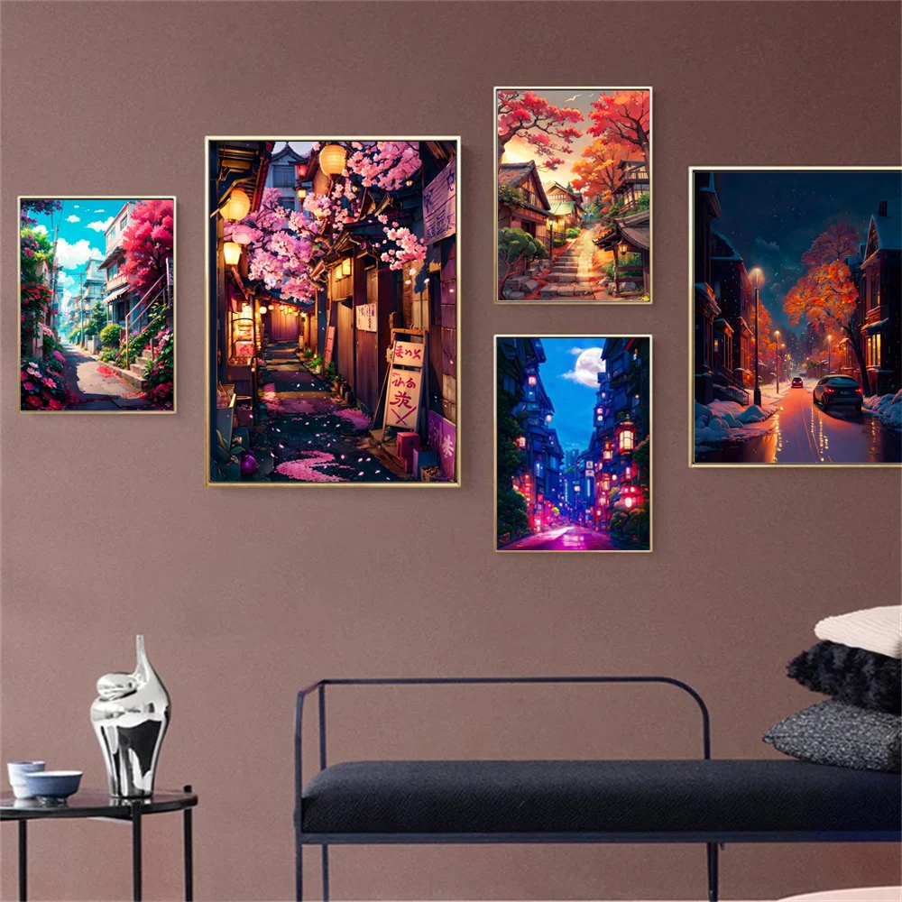 

Japanese Street Landscape Poster Prints Abstract Scenery Canvas Painting Aesthetic Art For Living Room Bedroom Home Decor