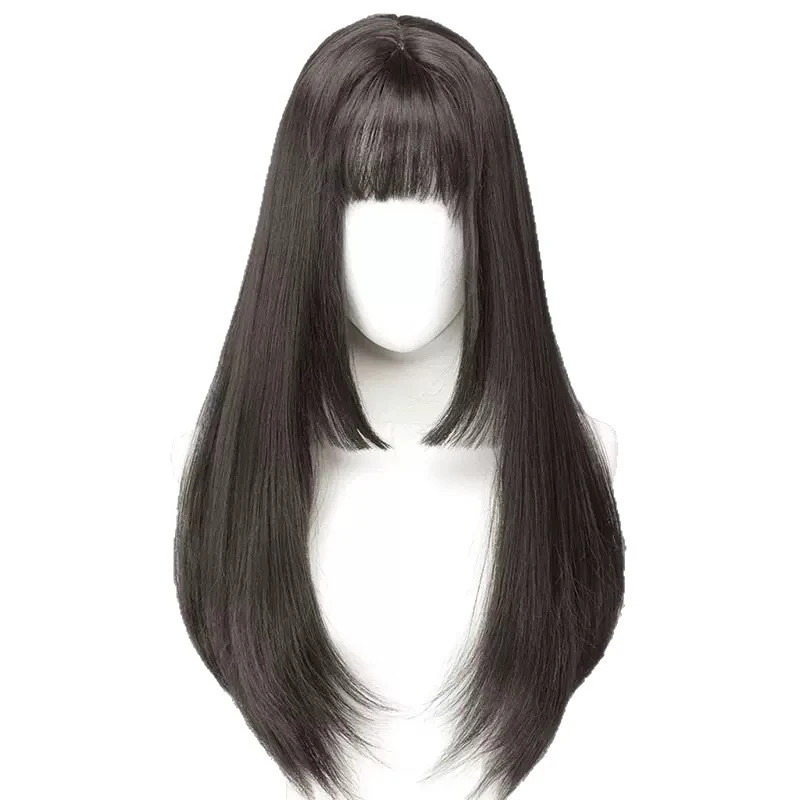 Peruka damska, długa, prosta, z prostą grzywką, do tańca, strój, akcesoria, styl Hime Cut, włosy długie i proste.