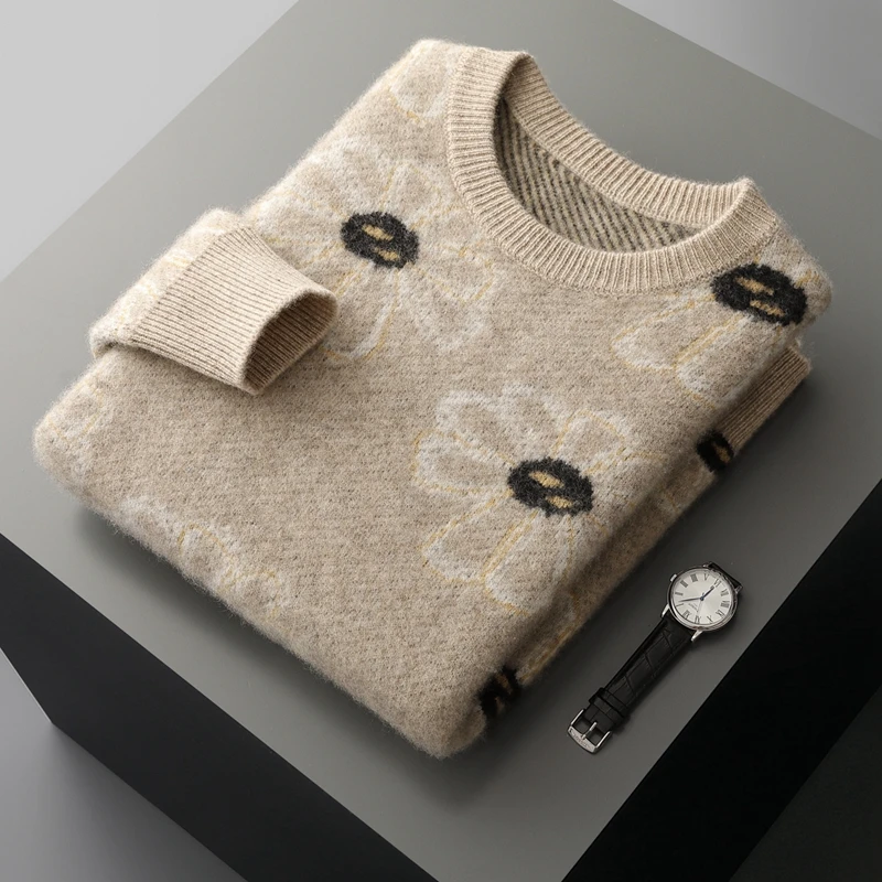 

Jacquard Thickened 100% Pure Cashmere Sweater Men's Round Neck Color Block Knitted Sweater Versatile Casual Base Shirt Sweater