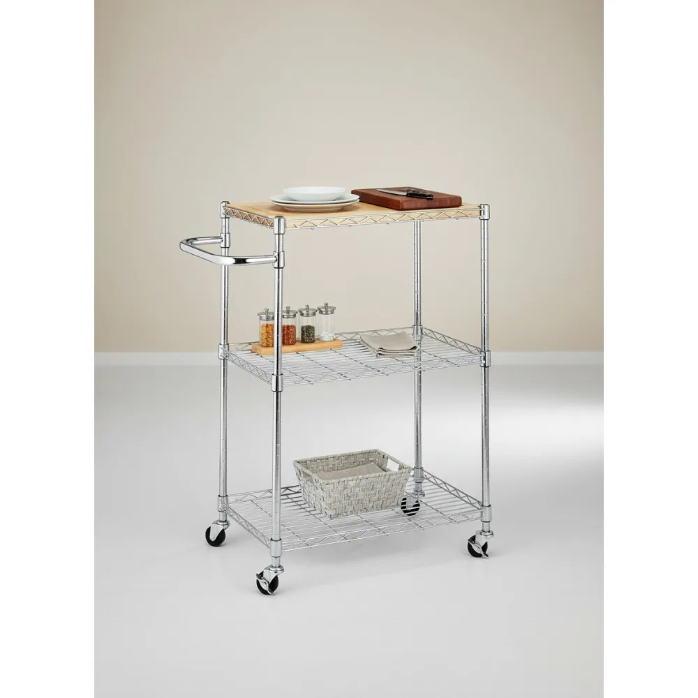 عربة مطبخ قابلة للتعديل مع لوح تقطيع خشبي وعجلات من الكروم ومجموعة خالية من الأدوات للمساحات الصغيرة #1