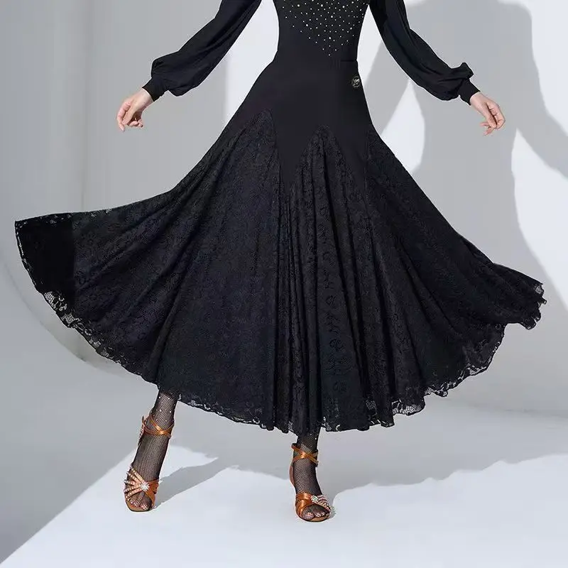 

New Lace Modern Black Lace Swing Skirt Ballroom Dance Practice Skirt Square Dance Performance Skirt