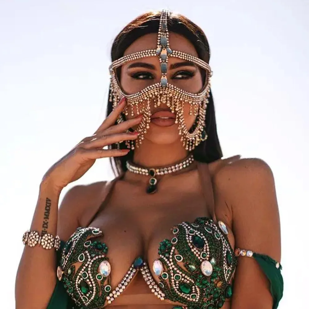 Stonefans Fashion Rhinestone Female Tassel Mask Masquerade for Women Halloween Long Face Chain Veil Wedding Accessories Party