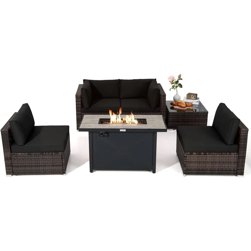 

6 Pieces PE Rattan Wicker Sectional Soa with 42" 60,000 Gas ire Pit Table, PatioOutdoor Contion Set with Tempered Glass Table, E