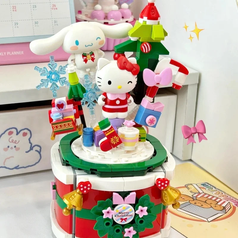 New Christmas Hello Kitty Christmas Music Building Blocks Box Rotating Music Box Children Christmas Toys Building Blocks Gift