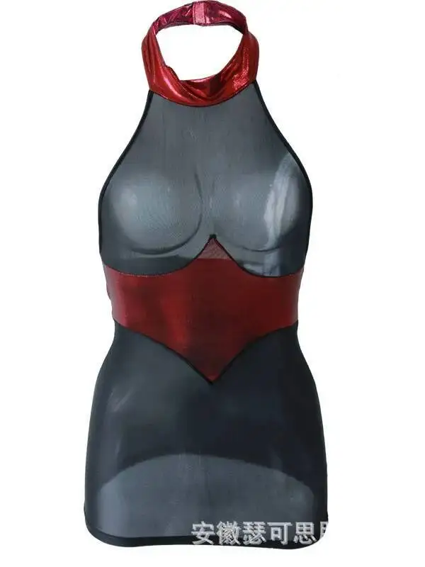 โปร่งใสเซ็กซี่สีดําและสีแดง Patchwork ทองเงา Embellished ชุดไนท์คลับ Robe Elegant ตาข่ายลูกไม้ Sheer เซ็กซี่ HYT8