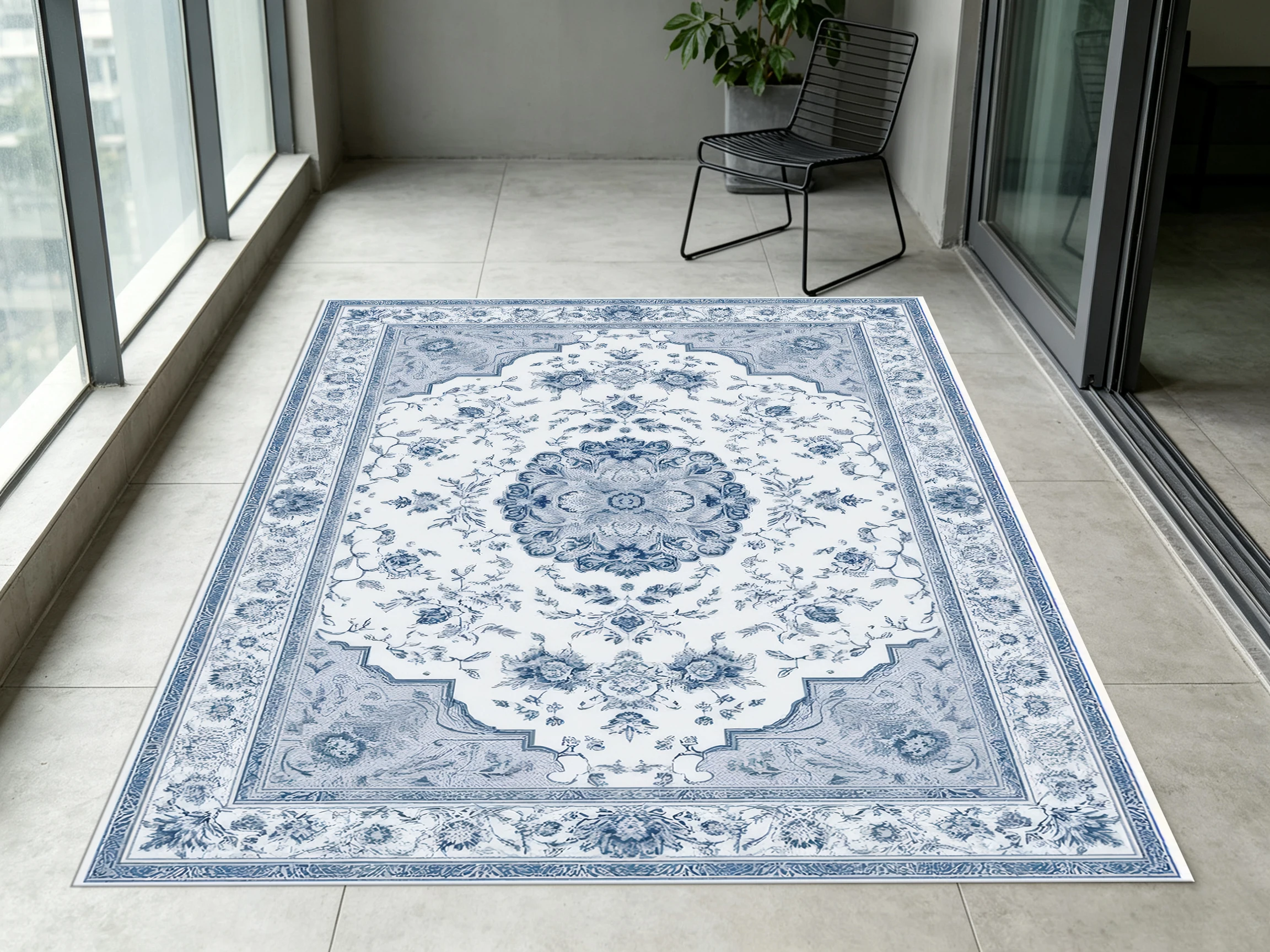 2D Blue & White European Retro Patterned Velvet Rug, Soft & Skin-Friendly, Suitable for Living Room & Bedroom, Enhancing the Ambiance