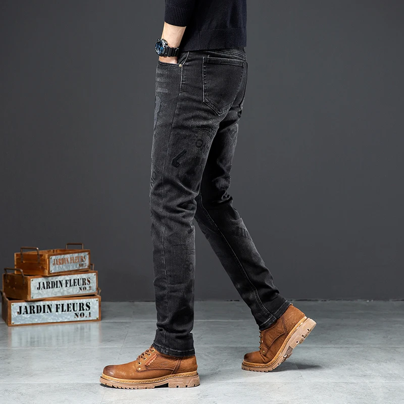 2024 Fashionable Embroidered Jeans Men's Street Trendy Unique Men's Autumn Stretch Denim Slim Fit Skinny Pants