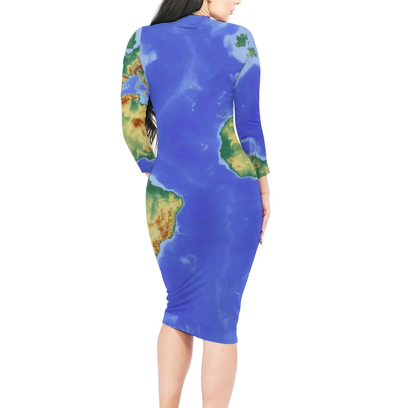 Cool Earth Map Dress Women Map of The World Korean Fashion Bodycon Dress Holiday Long Sleeve Club Dresses Pattern Oversize Vesti