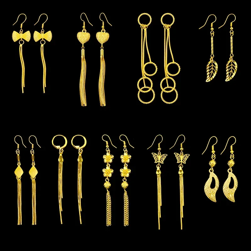 

9999 Real Gold 24K Long Japanese and Korean Fashion Earrings, Women's Love Fringed Ear Hooks, Personalized Earrings