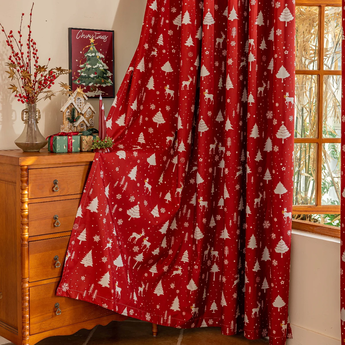 1 Piece of New Laminated Red Background Curtain with Pine Tree Design, 100% Blackout Fabric for Home Use, Blackout and Heat-Insulating Thickened Curtains, Decorative Rod-Pole Curtains for Living Room, Bedroom, and Study