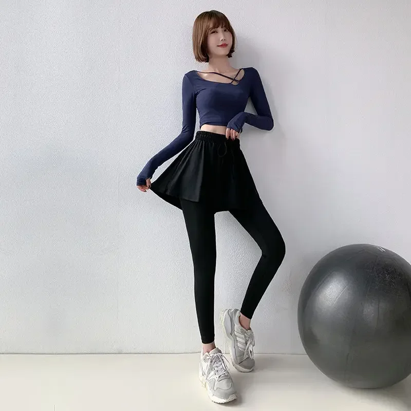 Pantaloni slim a vita alta da donna primaverili in due pezzi finti Pantaloni fitness con forza elastica in vita con coulisse in vita tinta unita