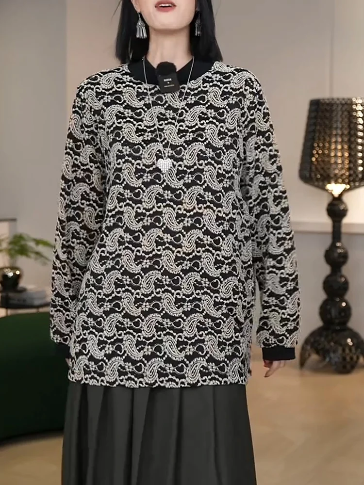 

Retro Embroidered round Ne Long Sve Sweatirt Ele Bla Top plus Size Women's Faionable Autumn New Arrival